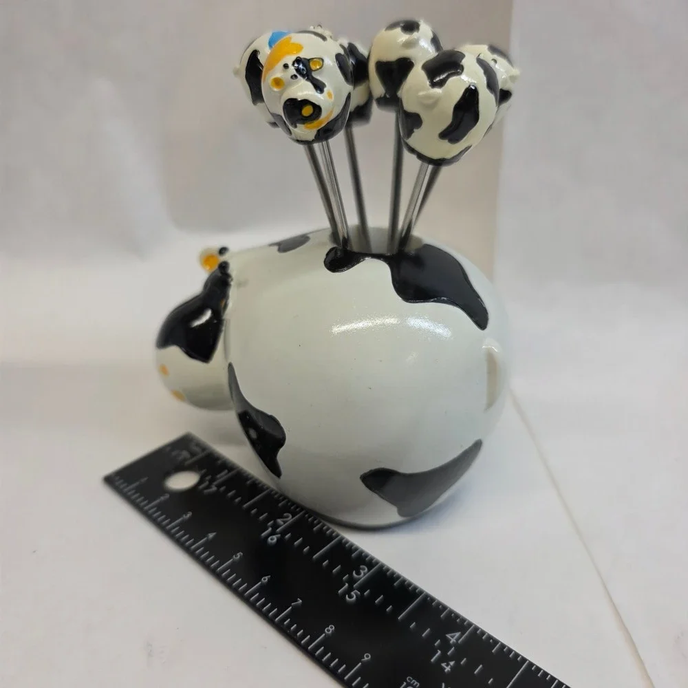 READA Boska Cow Party Pick Set White Black Ceramic Cheese Appetizer Tools 7pc
